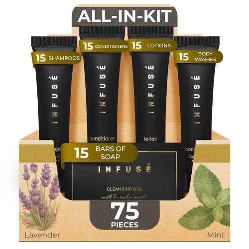 Infuse Black Soaps & Toiletries Bulk Set | 1-Shoppe Amenities Kit for Hotels & Vacation Rentals | 1 oz Shampoo, Conditioner, Body Wash, Lotion, 1.25 oz Cleansing Bar | 75 Pieces