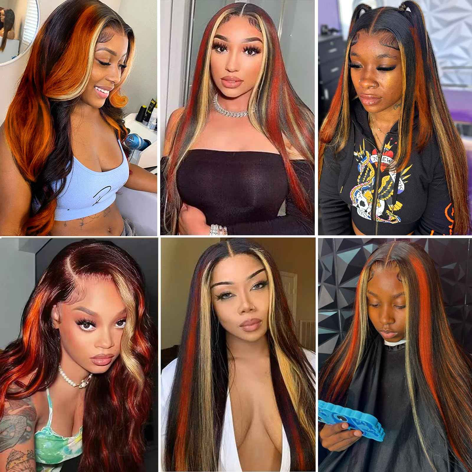 Ginger Blonde Highlight Lace Front Wigs Human Hair Skunk Stripe 13x4 Lace Frontal Wig Straight Black Ginger and Blonde Ombre Colored Wigs Glueluess Human Hair 18 Inch 180% Density Pre Plucked