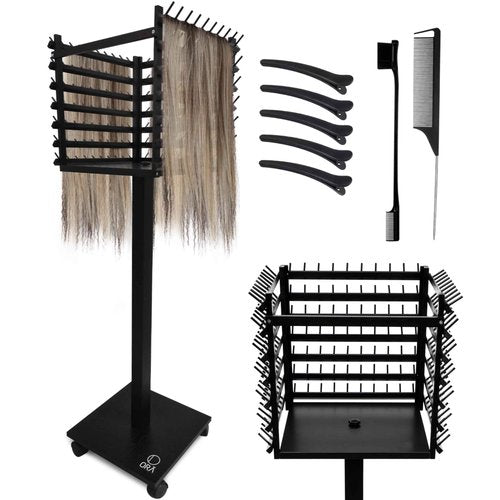 ORA SHOP - Braiding Hair Rack, Hair Extension Holder, Hair Braiding Tools, Hair Product Organizer, Wooden 3-Sided Rack Stand, Large Capacity (210 pegs)