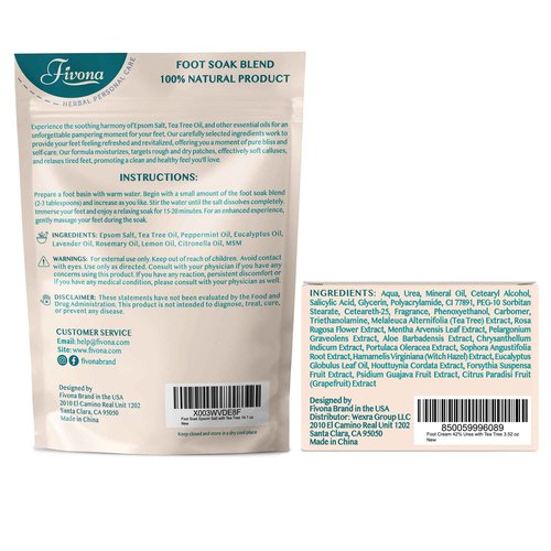 Fivona Foot Care Kit 4 in 1 - Foot Soak Blend with Epsom Salt, Tea Tree and Essential Oils - Collapsible Foot Soak Basin - 42% Urea Cream for Hard, Calloused Skin - Dual Action Foot File