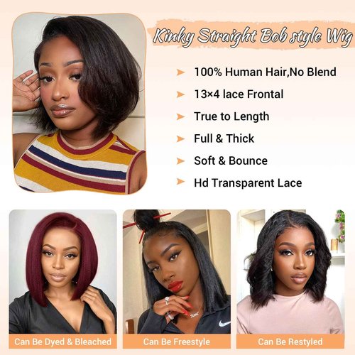 MOOTAFUL Bob Wig Human Hair 13x4 Lace Front Wig Human Hair Pre Plucked 200% Density Short Bob Yaki Straight Wig with Baby Hair Glueless Kinky Straight Wig for Black Women 10 Inch