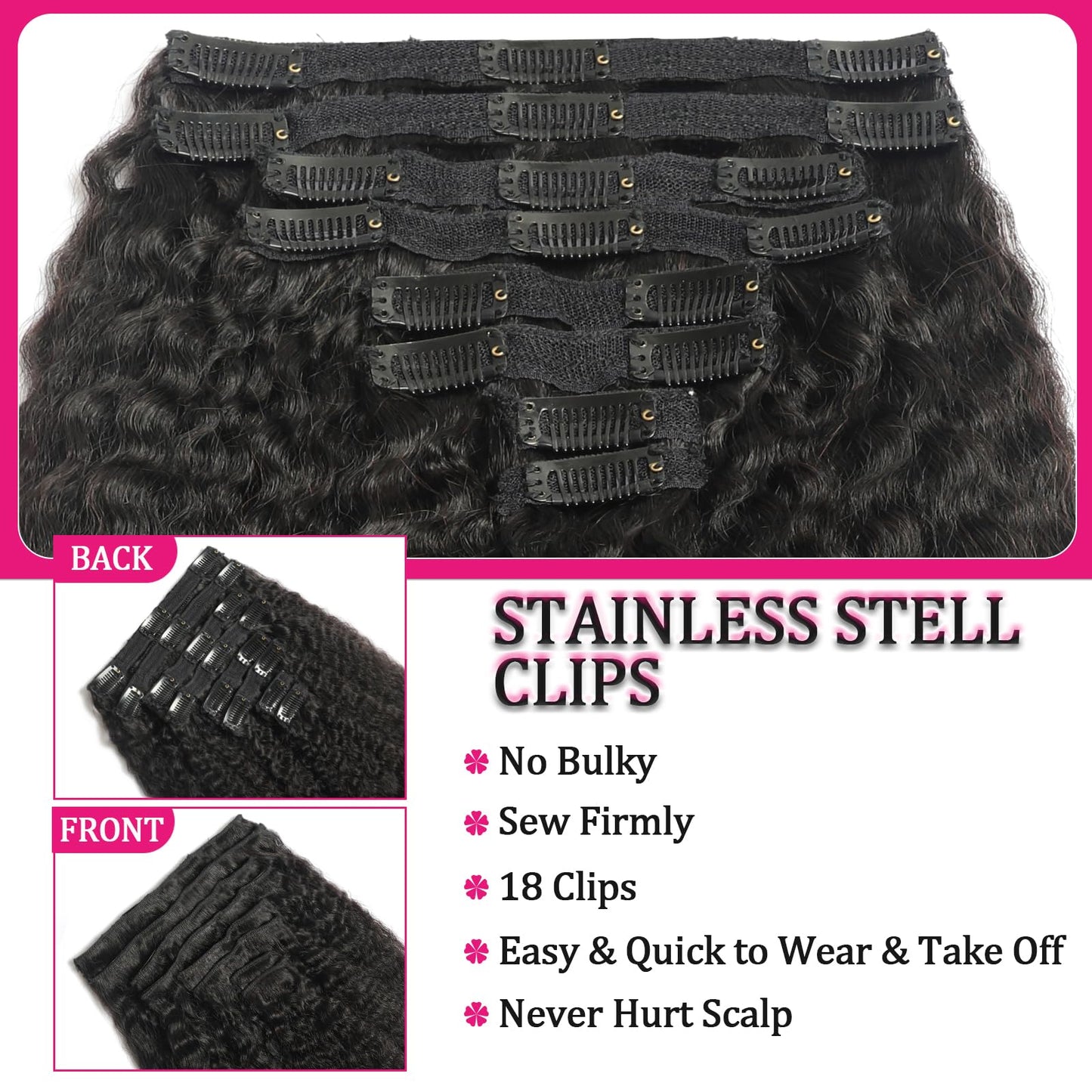 Kinky Straight Clip Ins Real Human Hair for Black Women Full Head 10A Brazilian Real Hair Extensions 125g 8Pcs with 18Clips Per Set Remy Human Hair Clip Ins Natural Color Double Weft (26 Inch)