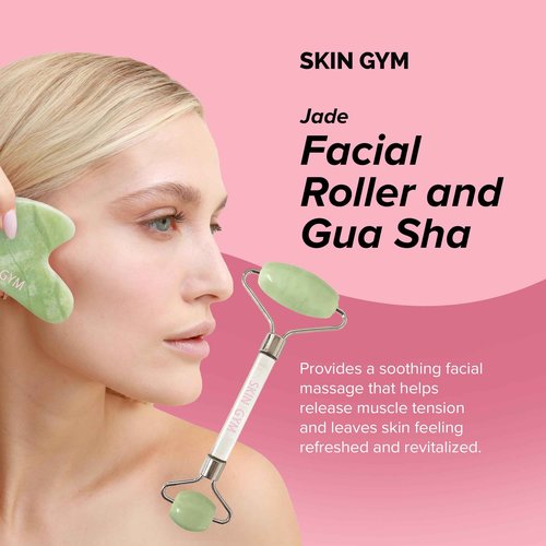 Skin Gym Jade Facial Roller & Gua Sha Tool Workout Set, Revitalizing Skincare for Enhanced Glow & Smooth Skin
