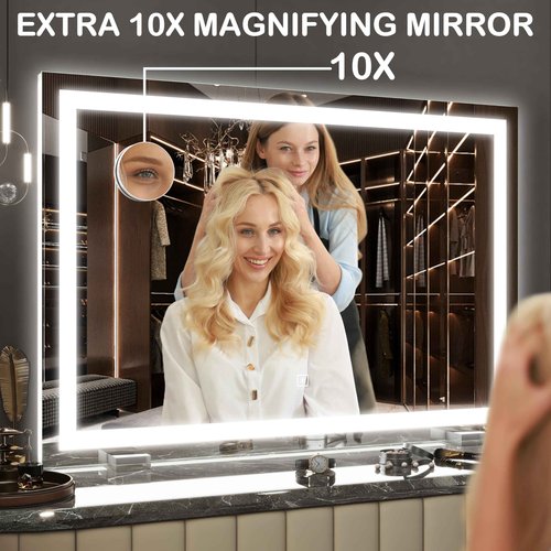FENNIO Makeup Mirror with Lights 23"x32" ，LED Makeup Mirror ，Large Vanity Mirror with Lights，Touch Sensor with Dimmable 3 Modes, Square White