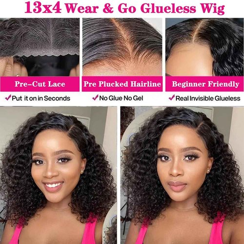 SODLIS Wear and Go Glueless Wig Curly Bob Wig Human Hair Pre Plucked Pre Cut 13x4 HD Lace Front Wigs For Black Women Ready to Wear Glueless Bob Wig 150% Density (16 Inch)