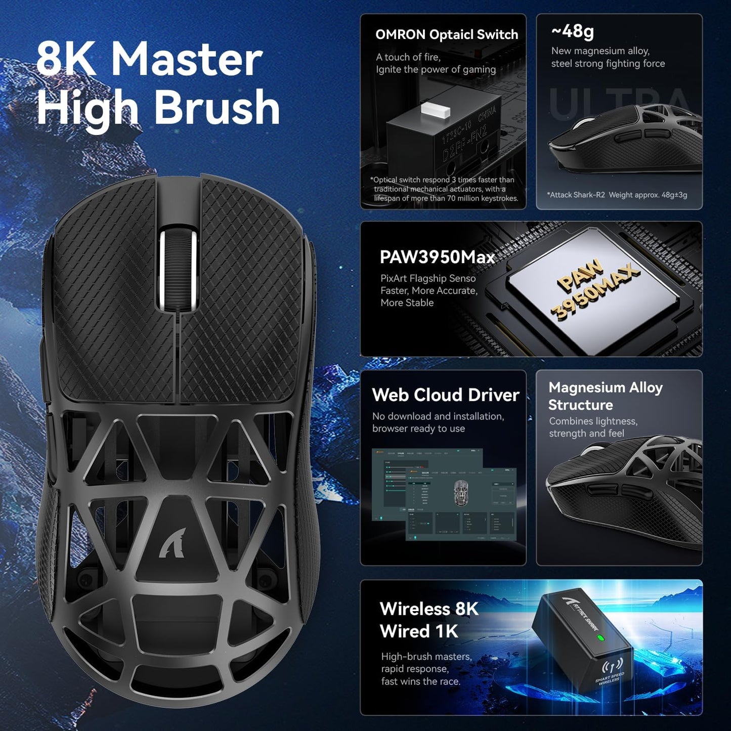 ZIYOU LANG x Attack Shark R2 Wireless Gaming Mouse, Ultra Lightweight Magnesium Alloy, PAW3950 42000 DPI Optical Sensor, 8KHz Polling Rate, BT/2.4G/Wired Programmable Mice with Grips Sticker (Black)