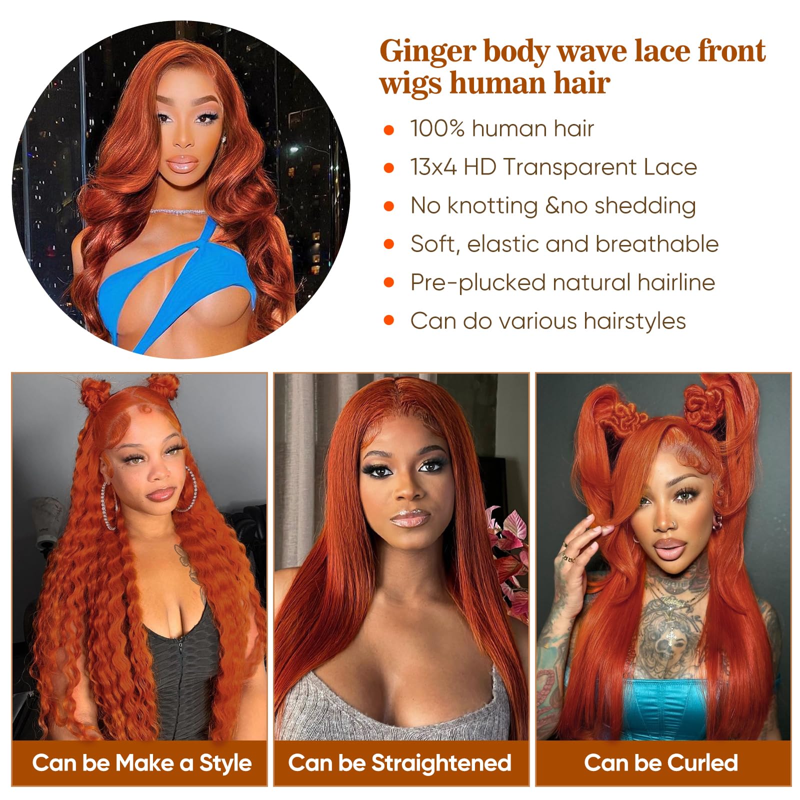 Ginger Lace Front Wigs Human Hair - 13x6 HD Body Wave Ginger Lace Frontal Wigs Human Hair Pre Plucked with Baby Hair, 180 Density Glueless Colored Wig Ginger Orange Wigs Human Hair for Women 22 inch