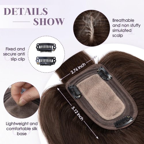 Charites Hair Toppers for Women Real Human Hair 12 Inch Long Straight Toppers for Women with Thinning 7 * 13CM Silk Base Clip in Hairpieces with Bangs (Dark Brown)