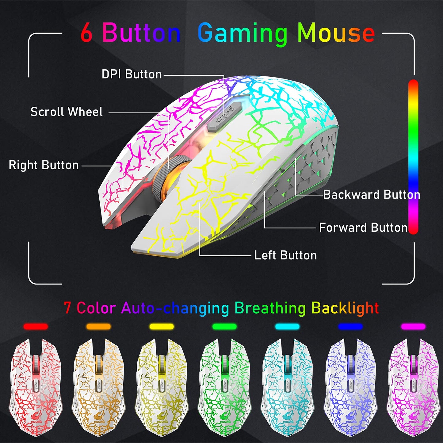 ZIYOU LANG T61 Wireless Gaming Keyboard and Mouse Combo with Ergonomic 61 Key Rainbow LED Backlight Anti-ghosting Mechanical Feel Rechargeable 4000mAh Battery Mouse Pad for PC MAC Gamer Typists(White)
