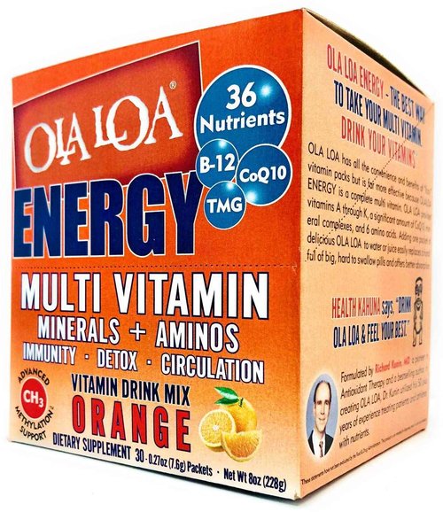 Ola Loa Energy Orange Multi Vitamin Drink Mix - Amino Energy Powder, Gluten Free, Detox, Dairy Free, Caffeine Free - Drink Your Vitamins for The Rigors of Daily Life - 30 Packets (8.25oz)