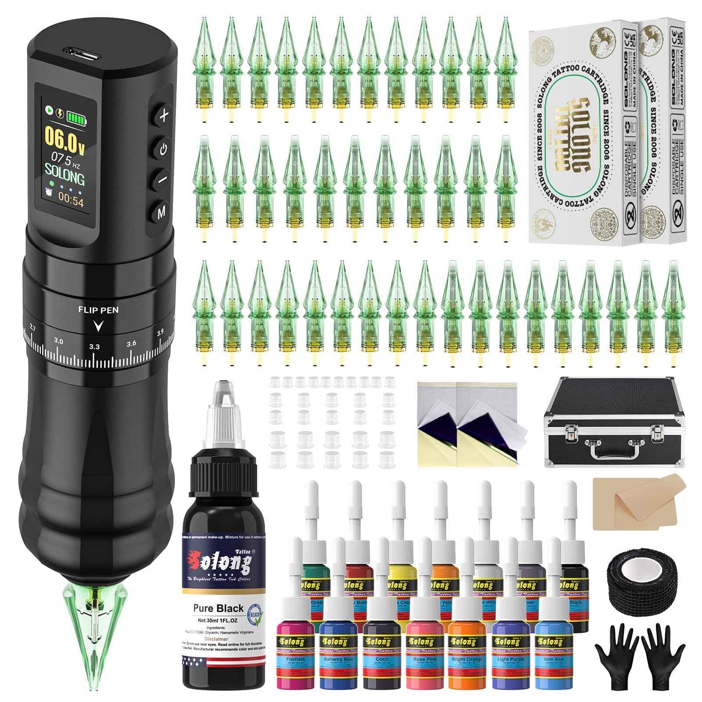 Nazzor Tattoo Kits Tattoo Machine with 1800mAh LED Display 40PCS Needles and 14 Ink Black