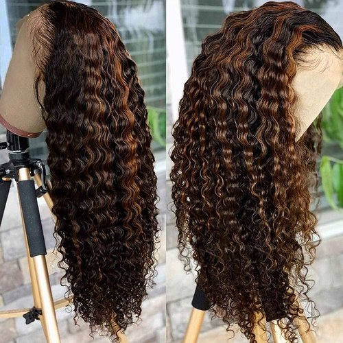 Super idol Ombre Highlight Lace Front Wigs Human Hair 1B/30 Black and Brown Deep Wave Wigs Honey Blonde Human Hair Pre Plucked with Baby Hair 150% Density (1B/30 Highlight Wig, 18 Inch)