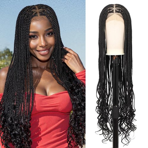 Kalyss 360° HD Full Lace Braided Wigs for Black Women Knotless Braided Wigs with Baby Hair Box Braid Wig Premium Synthetic Lace Front Black Box Braid Wig with Curly Ends 36"