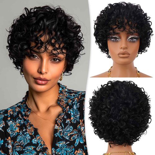 RUWISS Short Curly Human Hair Wig Kinky Curly Wigs for Black Women - Wear and Go Glueless Wigs Human Hair Bob Wig with bangs, FH-1535 Natural Black