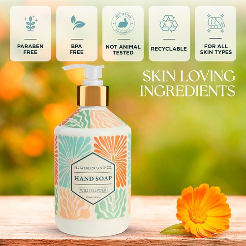 FlowerBox Liquid Hand Soap with Pump – Set of 12 Scented, Decorative Hand Soap Dispensers for Bathroom and Kitchen – 500 mL Luxury Floral Mosaic Bottles, Gift Pack