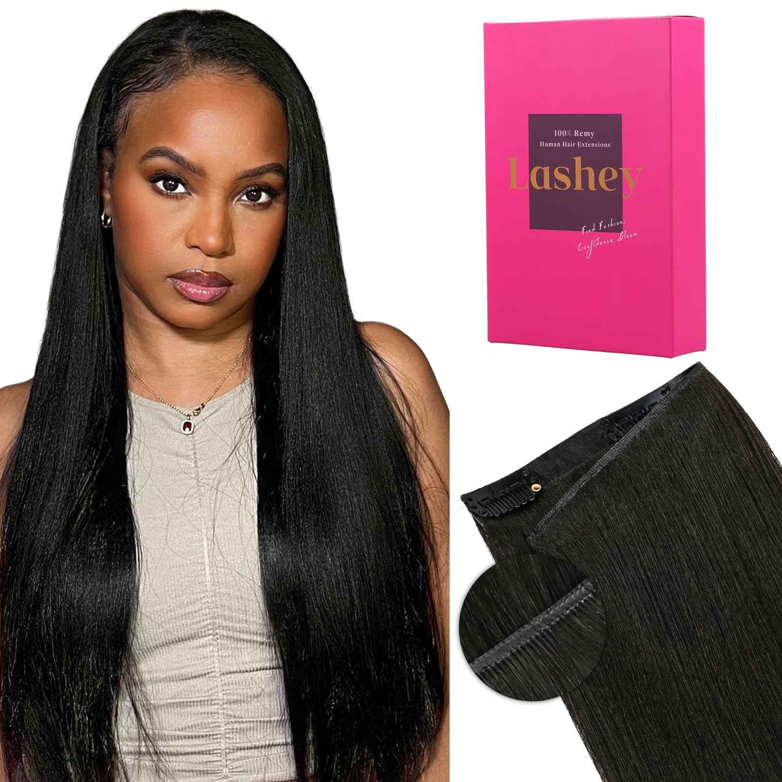 Lashey Genius Weft Hair Extensions Human Hair Natural Black Yaki Straight 7pcs 110g 14 Inch Hair Extensions Real Soft Thin Weft Clip ins for Women