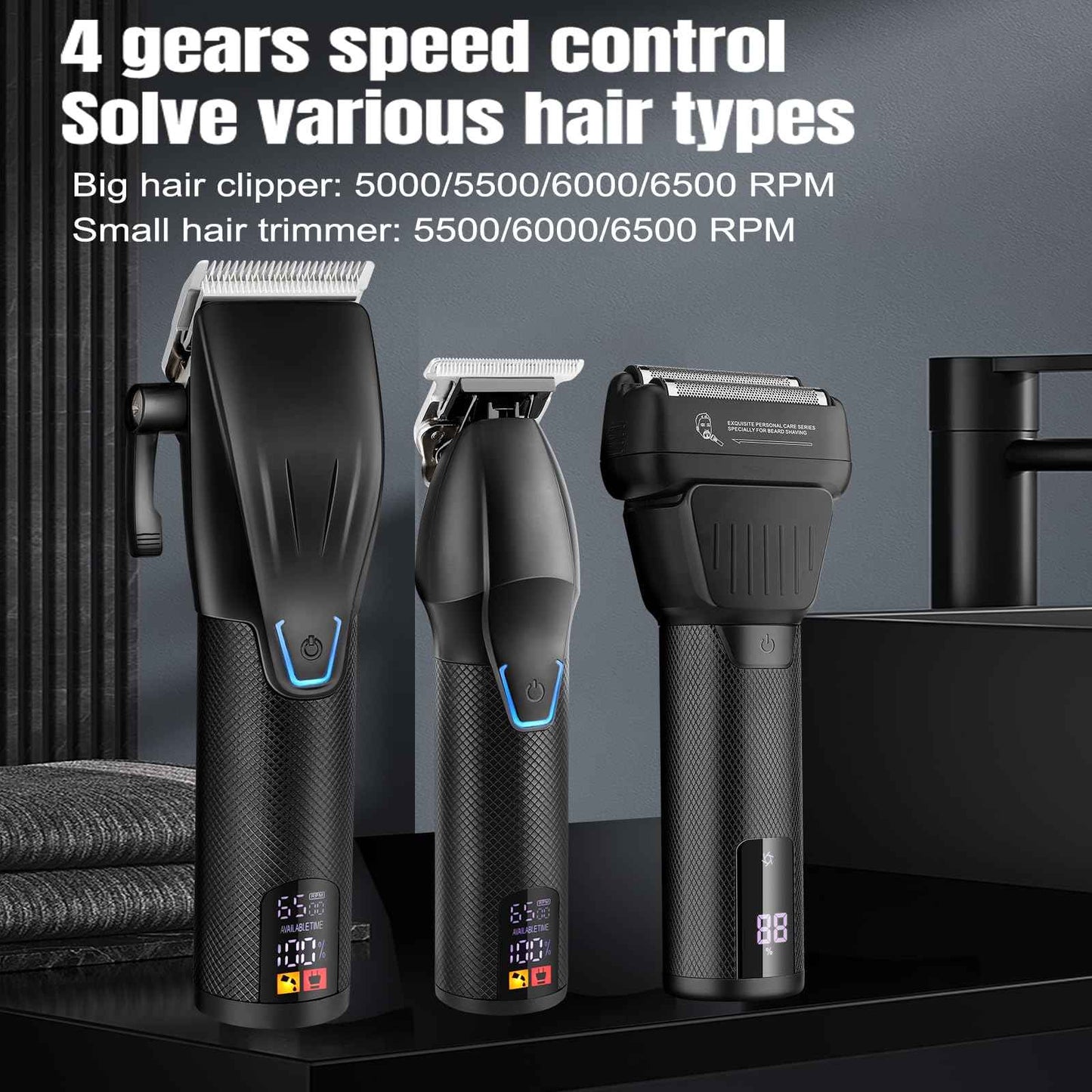 Professional Hair Clippers for Men - Cordless Beard Trimmer Electric Razor Foil Shavers, Barber Clippers Hair Trimmer Rechargeable Hair Grooming Kit, LCD Display, Gifts for Men (Black)