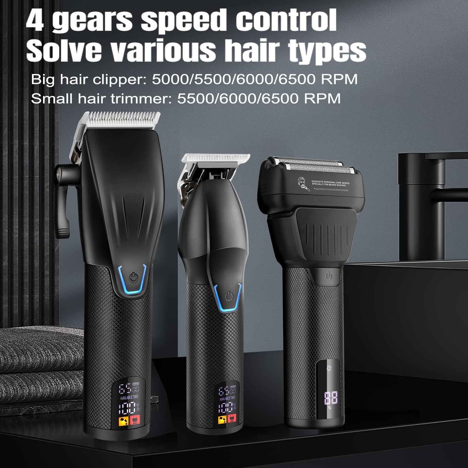 Professional Hair Clippers for Men - Cordless Beard Trimmer Electric Razor Foil Shavers, Barber Clippers Hair Trimmer Rechargeable Hair Grooming Kit, LCD Display, Gifts for Men (Black)