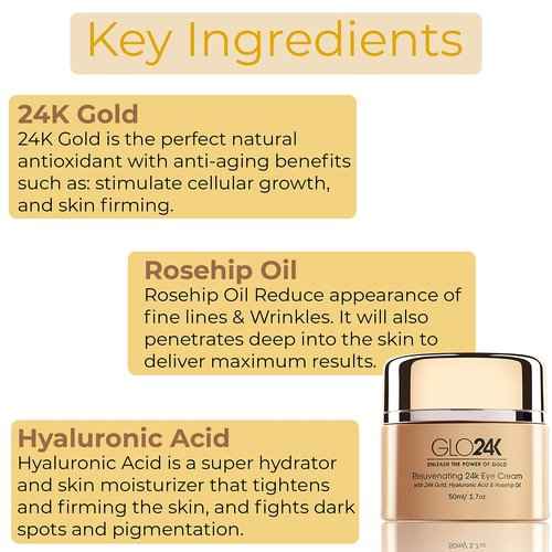 GLO24K Rejuvenating 24k Eye Cream and Serum With 24k Gold, Hyaluronic Acid, Vitamins A,C,E