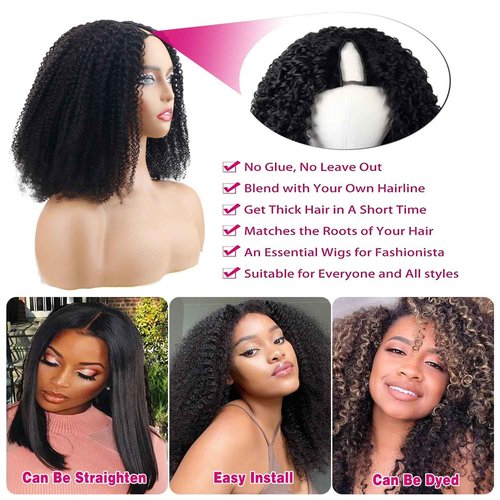 Homgoss Afro Kinky Curly V Part Wigs With Drawstring For Black Women,200% Density Kinky Curly V Part Human Hair Wigs,Upgrade No Sew In & Glueless Design,Beginner Friendly,Natural Black Color(20inch)