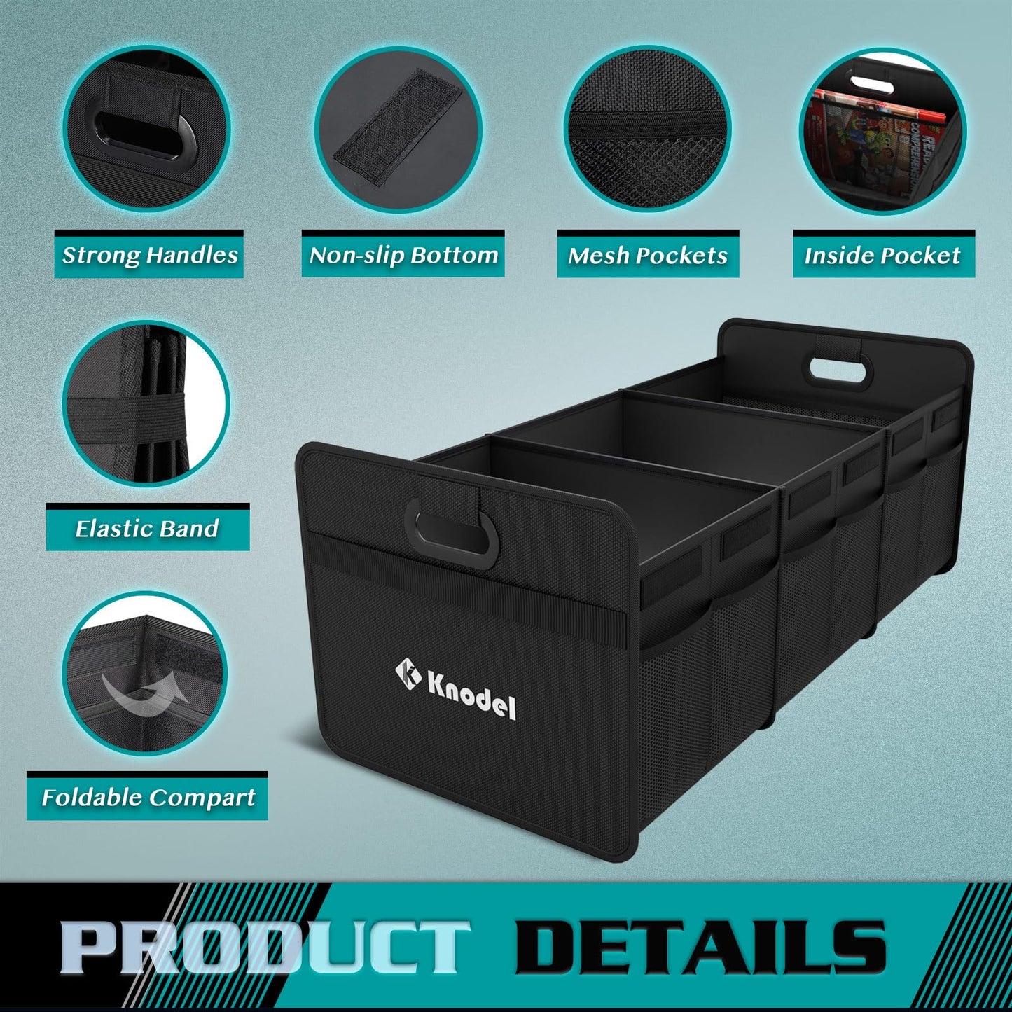 K KNODEL Car Trunk Organizer, Foldable Organizer for Car, Automotive Consoles & Organizers, 3 Compartments Storage with Reinforced Handles (Large, Black)