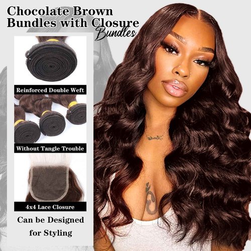 Brown Bundles with Closure Human Hair Loose Wave Human Hair Bundles with Closure (16 18 20+14）12A Brazilian Virgin Hair Light Brown Loose Deep Wave 3 Bundles with 4x4 Closure 4# Color