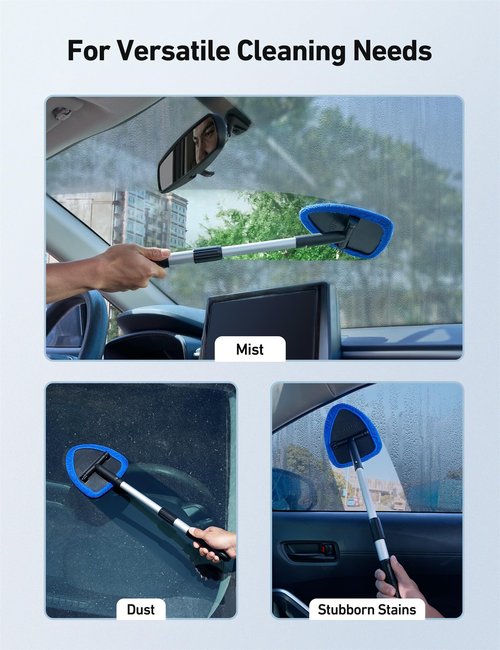 AstroAI Windshield Cleaner Tool, Car Interior Detailing Cleaning Kit with Extendable Handle and 4 Reusable Microfiber Pads, Auto Glass Wiper Brush Kit for Cars, Blue，15.9in-21in