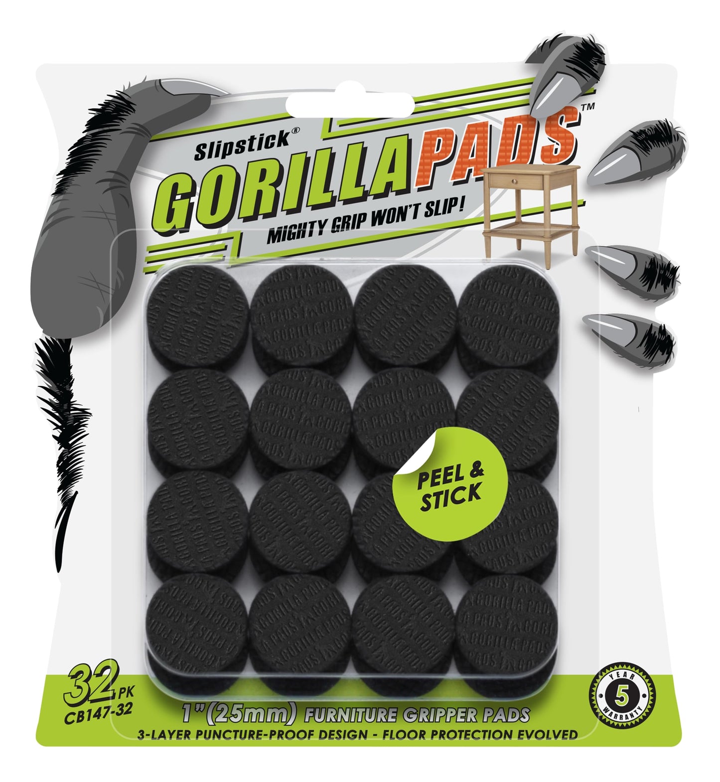 GorillaPads 1 Inch Non-Slip Furniture Pads/Gripper Feet Skids (Set of 32) Self Adhesive Rubber Floor Protectors, Round, Black, CB147-32
