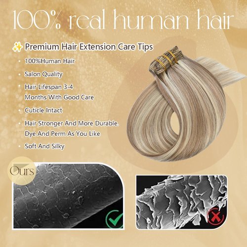 Blonde Highlights Human Hair Extensions Clip Ins 18 Inches Light Brown Mixed Bleach Blonde Straight Human Hair Clip in Extensions for Women 85g #8/22/8 7pcs