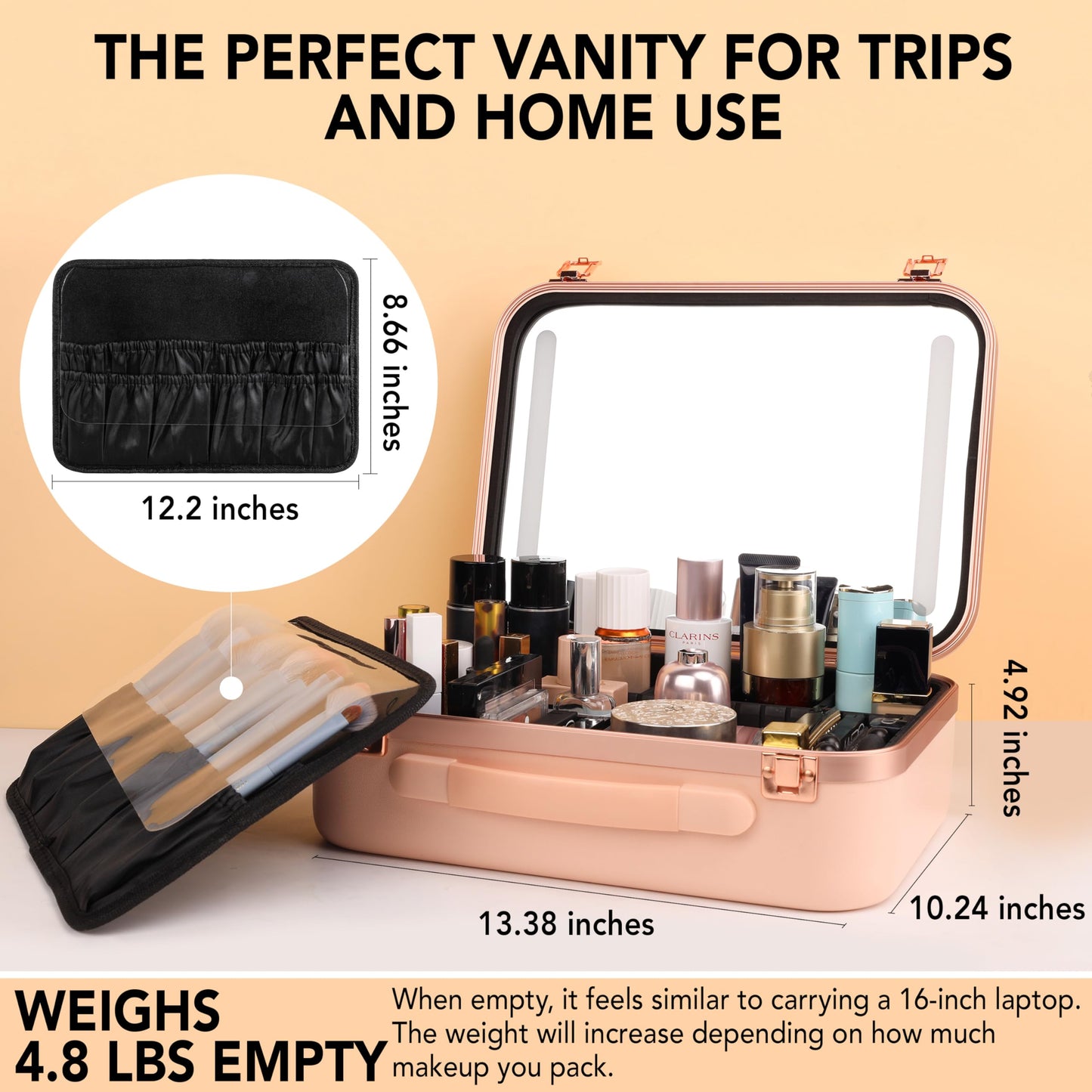 Lighted Makeup Case with Mirror - Large Size 13.4" x 10.2" - Travel Makeup Case With Mirror - Rechargeable LED Travel Vanity Case with Adjustable Brightness - Train Case Makeup Bag - Pink