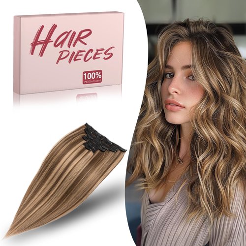 TESSHAIR Remy Hair Extensions Clip in Human Hair 18 Inch Straight Real Hair Extensions Clip in Human Hair 120g 7Pcs, Medium Brown Mixed Dark Blonde