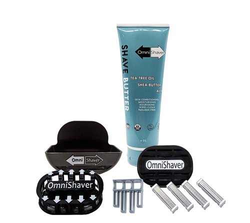 Premium Omnishaver Kit - Fastest Way to Shave Head, Legs, Arms, Body | An alternative to Disposable Shaving Razors Self Cleans & Strops During Use with Shave Butter & Replacement Cartridges - Black