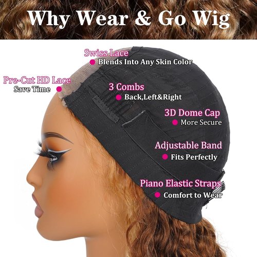 Ombre 4/27 Highlight Wear And Go Glueless Wigs Human Hair Pre Plucked Pre Cut 4/27 Honey Blonde Wig Human Hair Short Curly Bob Wig 180% Density Water Wave Lace Front Wigs For Black Women 14 Inch