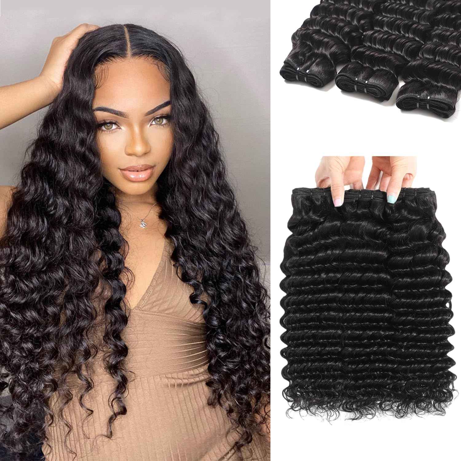 12A Deep Wave Bundles Human Hair 12 14 16 Inch Deep Wave Bundles 100% Unprocessed Brazilian Virgin Wet and Wavy Human Hair 3 Bundles Quick Weave Bundle for Women