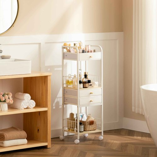 HBlife Floor Makeup Organizer Storage Cart, Make Up Organizers with Drawers, Vanity Cosmetics Display Cases Holder for Skincare Nail Polish Perfume, Bathroom Organizer Shelf with Wheels