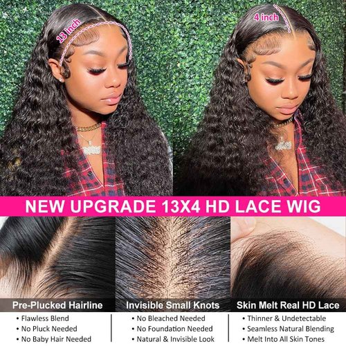 Pizazz Deep Wave Lace Front Wigs Human Hair Pre Plucked180 Density 13x4 HD Lace Frontal Human Hair Wigs with Baby Hair (16 Inch, Black color)