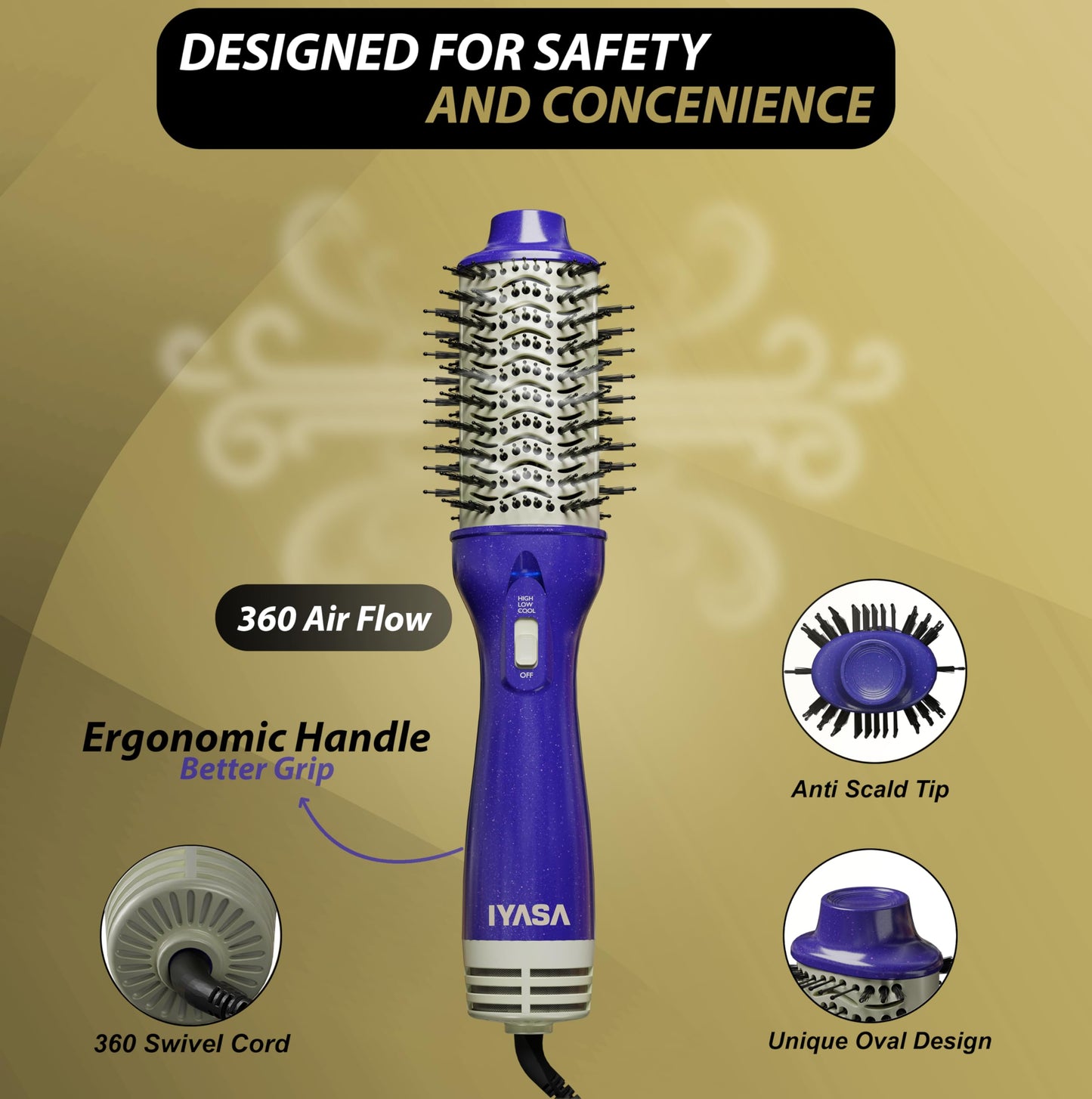 3” Large Barrel Ionic Hot Air Brush Hair Dryer – 75 mm One‑Step Volumizer Blowout Brush for Thick & Long Hair, 1100 W Plastic‑Tourmaline, Frizz Control, 3 Heat / 2 Speed, 13” Length