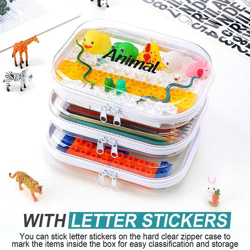 Qiyaz 12 Pcs Clear Hard Zipper Case Plastic Zipper Pouch with 5 Sheets Alphabet Stickers Double Toy Storage Organizer Makeup Case for Travel Building Blocks Puzzles Cosmetic(7.87 x 5.9 x 2”)