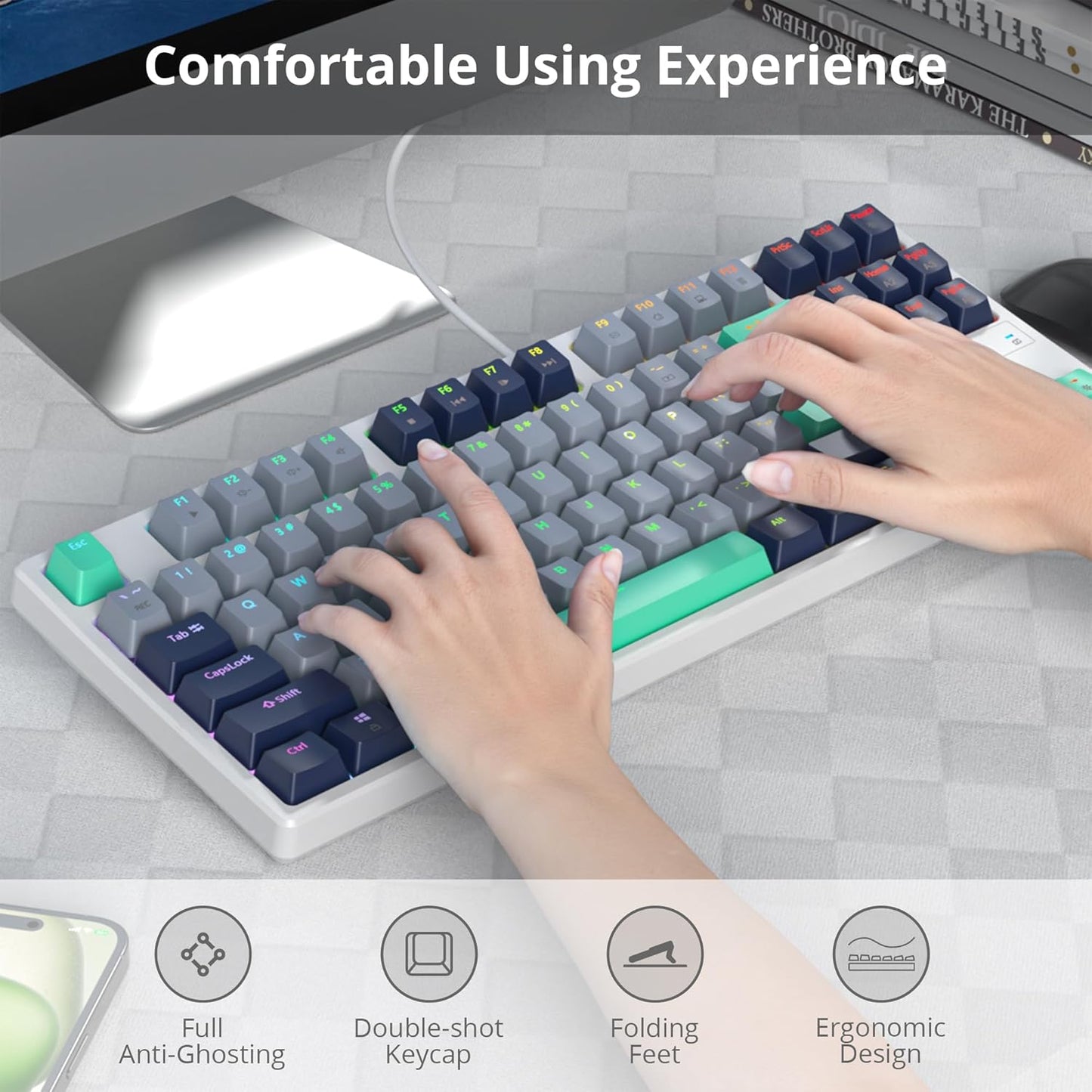 75% Mechanical Gaming Keyboard, 87 Keys Compact TKL Wired Linear Red Switches Detachable USB NKRO RGB Backlight Keyboard for Win/Mac/PS4/PS5/Xbox.（Blue Samurai）