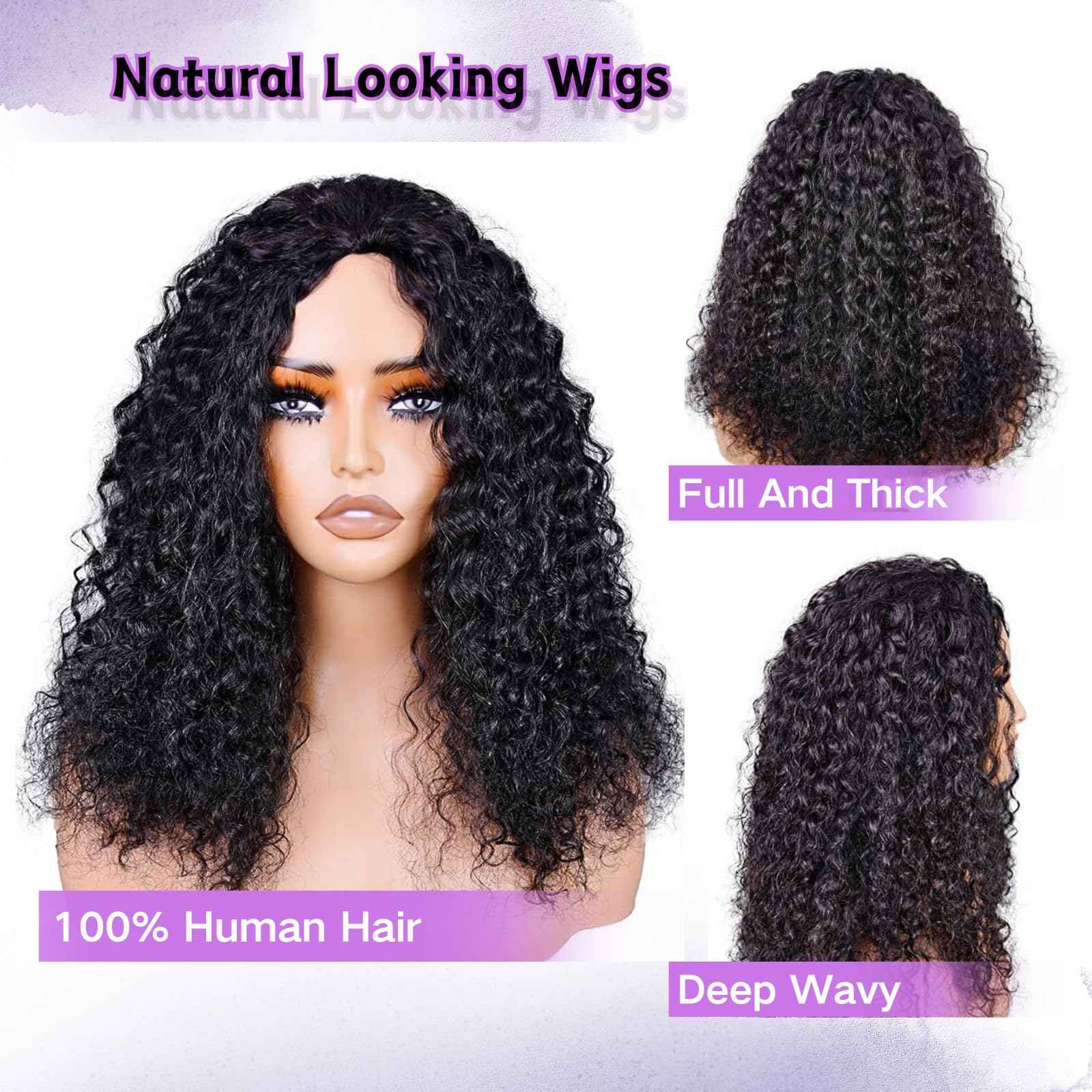 Glimeer Half Wig Human Hair Deep Wave 3 In 1 Drawstring Seamless Filp Over Curly Half Wig 200% Density Wear and Go Glueless Half Wigs for Black Women Natural Color 20 Inch