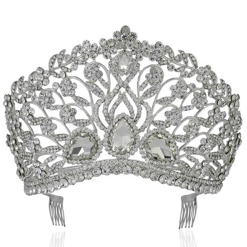 Janefashions Large Floral Clear White Austrian Rhinestone Crystal Tiara Crown With Hair Comb Headband Veil Headpiece Beauty Queen Princess Pageant Theater Show Bridal Gold Plated Silver Plated T901 (Silver Plated)