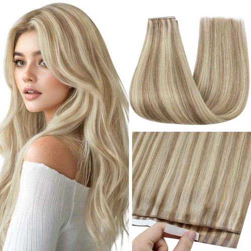 Full Shine Blonde Tape in Weft Hair Extensions Human Hair Color 16 Highlight 22 Blonde Wide Tape Weft Genius Weft Tape in Hair Extensions 24Inch Cuticles Aligned Travel Friendly Styling 50G One Piece