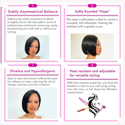 LINEASTORIA Exotic Bob Wig for Black Women - Snug Fit Cap, Handcrafted Airy Bangs, Seamless Lace Front, Asymmetrical, Rounded Nape, Glueless, Hypoallergenic, Heat Resistant (Natural Black)