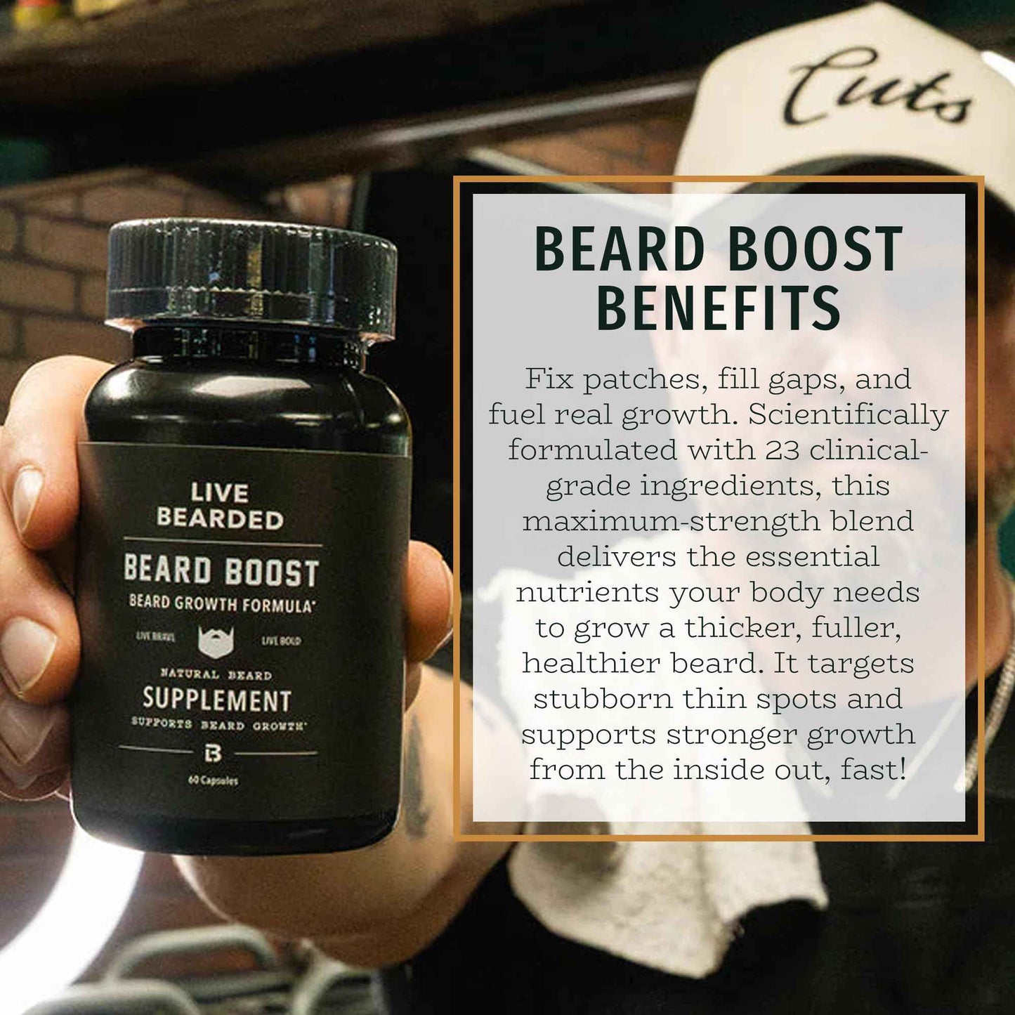Live Bearded Beard Boost - Beard Growth Vitamins for Men with Biotin, Collagen, Silica, Fo-Ti Root - Facial Hair Growth for Men, Made in The USA | 90-Day Supply