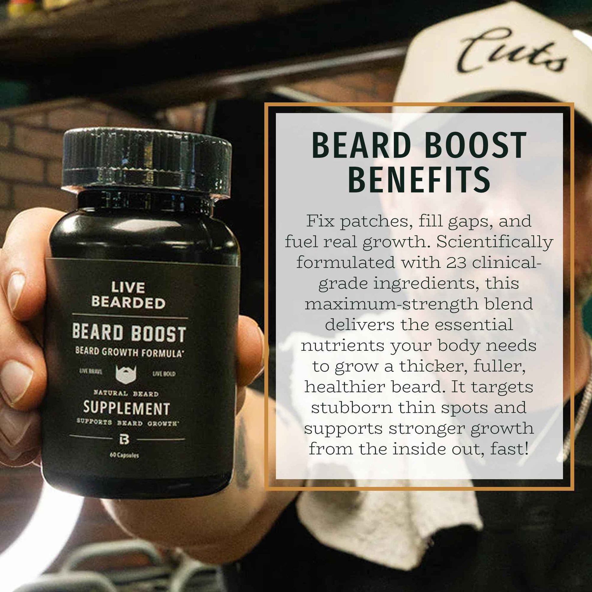 Live Bearded Beard Boost - Beard Growth Vitamins for Men with Biotin, Collagen, Silica, Fo-Ti Root - Facial Hair Growth for Men, Made in The USA | 90-Day Supply