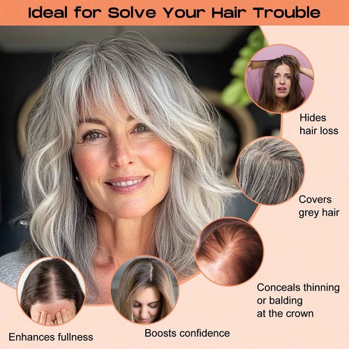 SEIKEA Hair Toppers for Women Real Human Hair, 10" Fluffy Natural Realistic 7x11CM Base Clip in Bangs with Wispy Bangs Hand-Tied Invisible Hairpieces for Thinning Hair Silver White