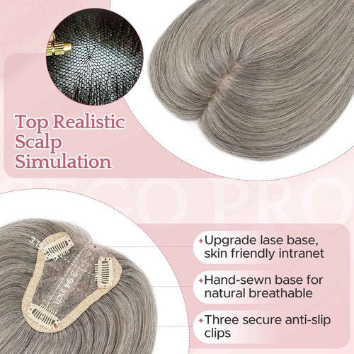 SEGO Pro Hair Toppers for Women Real Human Hair with No Bangs 3.1×3.9 Inch Silk Base Clip-In Topper Natural Looking Hairpieces for Women（12 Inch,Light Grey）