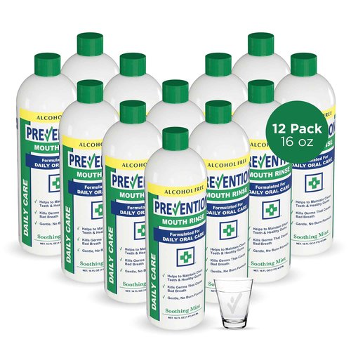 Prevention Daily Care Alcohol-Free Mouthwash, Hydrogen Peroxide Teeth Whitening with Soothing Fresh Mint for Bad Breath Treatment, Fluoride-Free Gum Care Oral Mouth Rince 16 oz 12 Pack