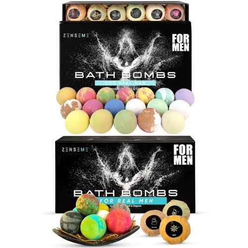 Bath Bombs for Men - Bundle of 26 Scented Organic Handmade Bath Bombs of 2.5 Oz with Natural Essential Oils, Unique Strong Manly Scents, for Boyfriend, Husband, Father or Friend, by ZenseMe