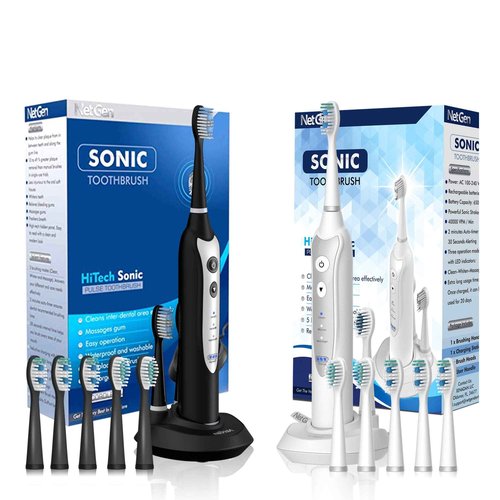 NetGen Sonic Electric Toothbrush for Adults with 5 Toothbrush Replacement Heads, 3 Brushing Modes & 2 Minutes Built-in Timer, Travel Toothbrushes with Inductive Charging, Rechargeable Toothbrush